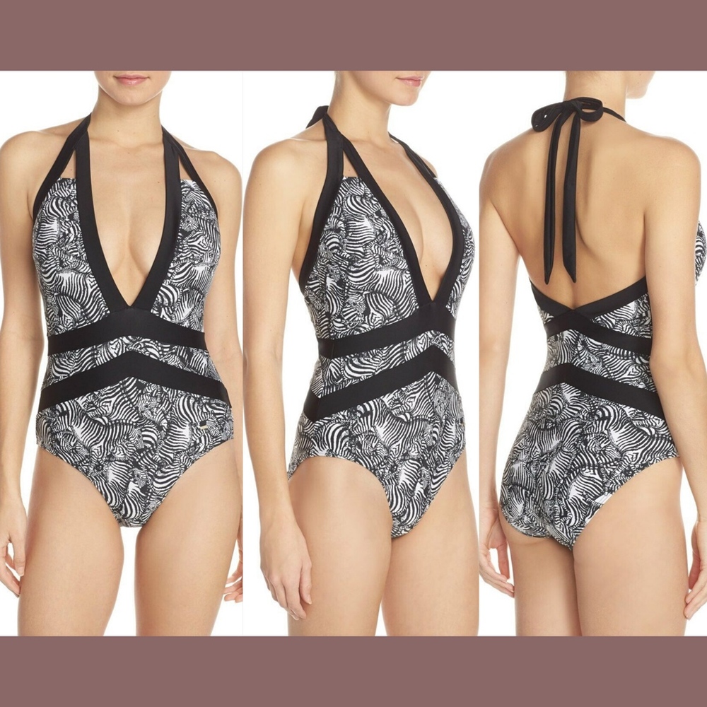 NEW Ted Baker Meirian Zebra Print Halter One-Piece‎ Swimsuit [SZ 3 in TB]